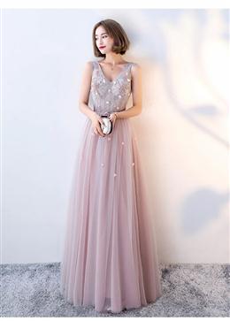 Picture of Pink Beaded V-neckline Tulle Long Party Dress, Pink Formal Dress Evening Dress